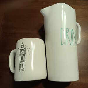 Rae Dunn 3 piece "Drink" Pitcher + "Big Ben"UK Mug + "Lucky" Vase